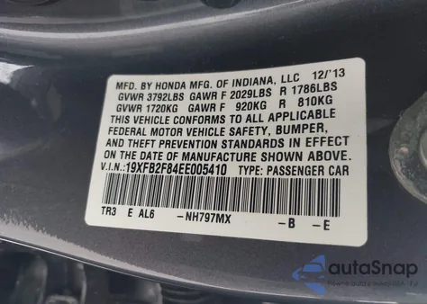 2014 Honda Civic Ex z USA, uszkodzony, nr VIN 19XFB2F84EE005410